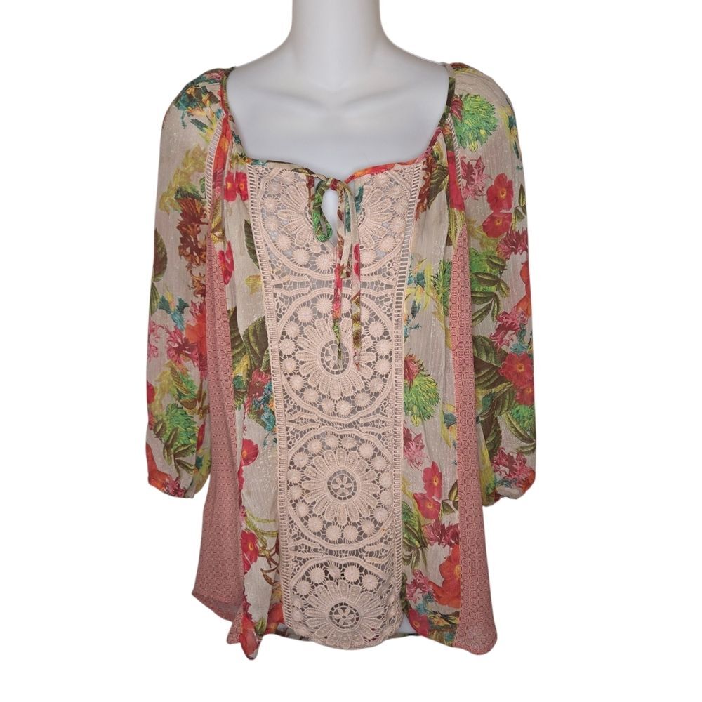 Anthropologie Meadow Rue Roselle Floral & Lace Peasant Blouse Top Boho Size Med